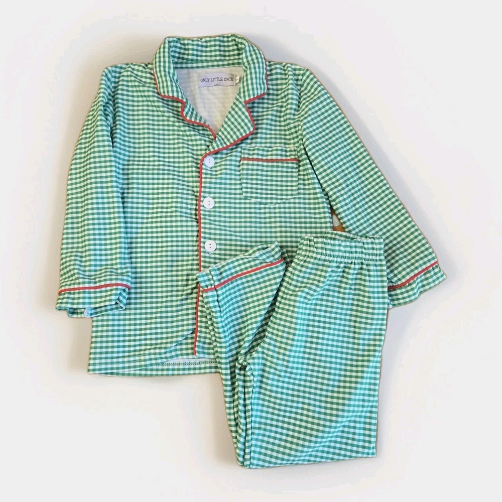Only Little Once Christmas Holiday Pajama 2 Pc Set Green Gingham Size 2 NWOT